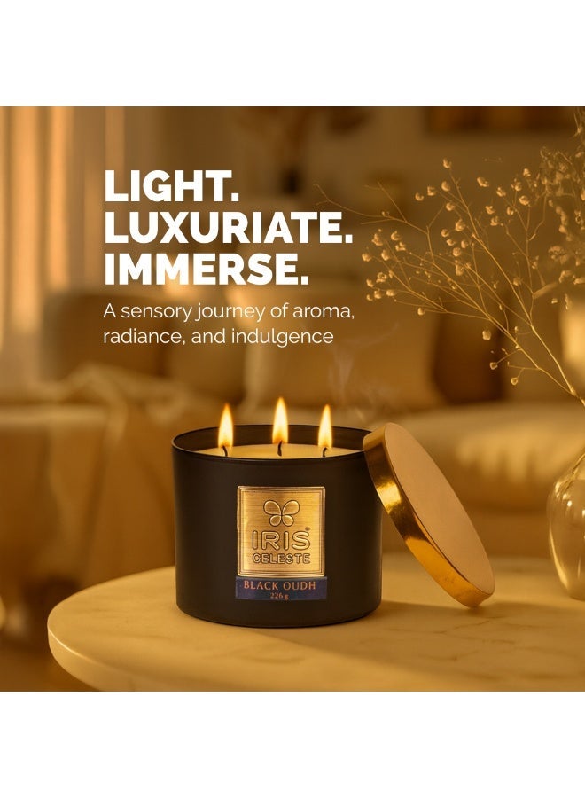 IRIS CELESTE Black Oud Jar Candle with lid - 226grams, 3 Wick Scented Candle 8oz | Warm Woody Fragrance | Perfect for Ramadan & Eid Gifts, Ceremonies, Meditation & Room Perfuming - Image 1